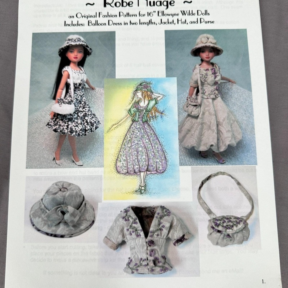 Robe Nuage 16" Ellowyne Wilde Doll Sewing Pattern Dress Jacket Hat Purse